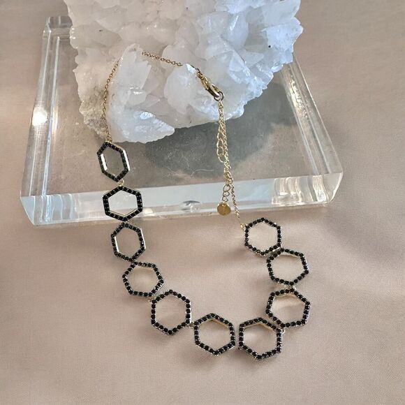 Sterling Forever Gold Hexagon Black CZ Necklace - Picture 7 of 7